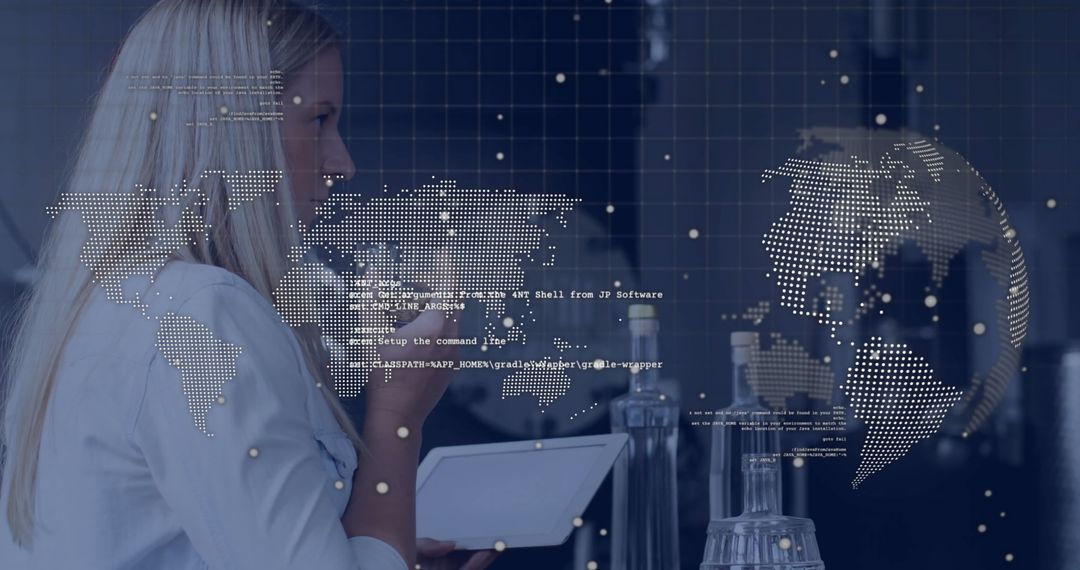Woman Analyzing Data on Tablet with Virtual World Map Overlay