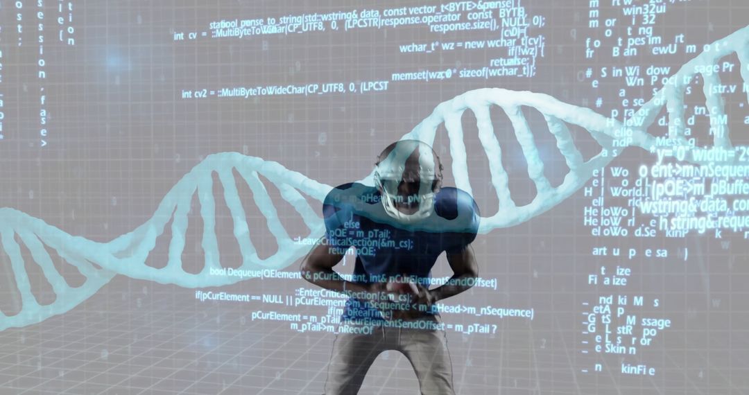 Futuristic Athlete Among DNA Strands and Digital Code