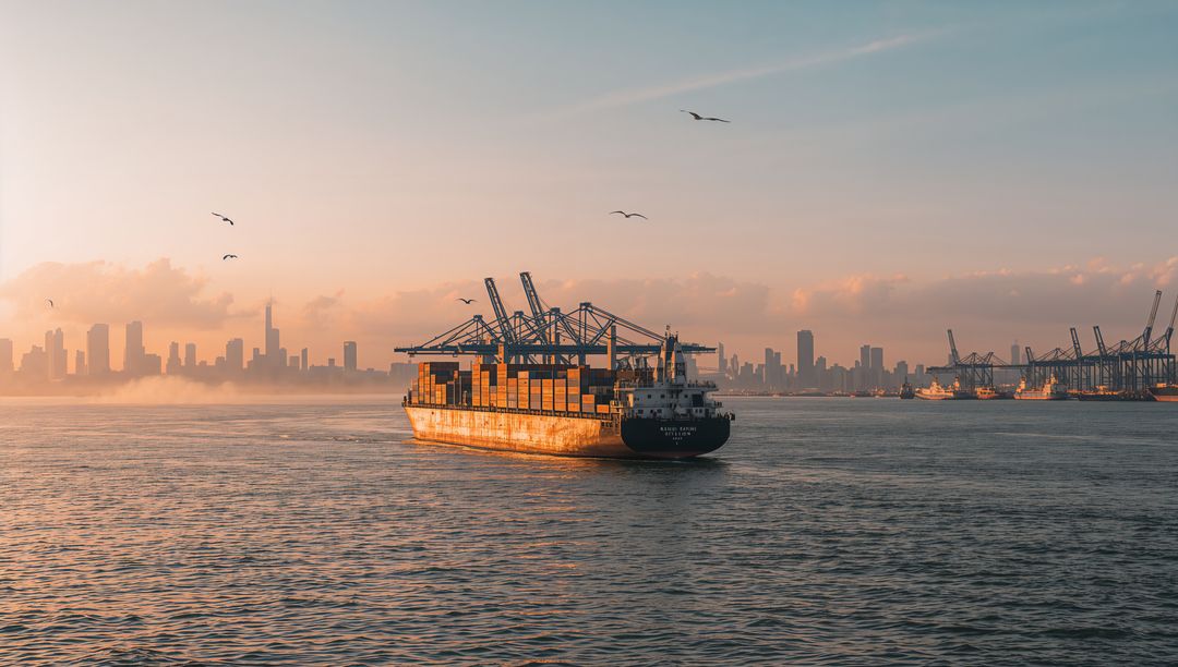 Container Ship Sailing at Sunrise toward Port Cranes with Urban Skyline and Seabirds