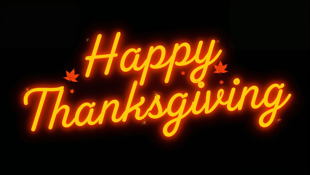 Neon Cursive Happy Thanksgiving Sign with Warm Orange Glow and Falling Maple Leaves
