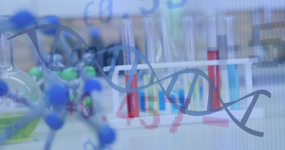 DNA Strand Overlaying Laboratory Test Tubes and Scientific Models