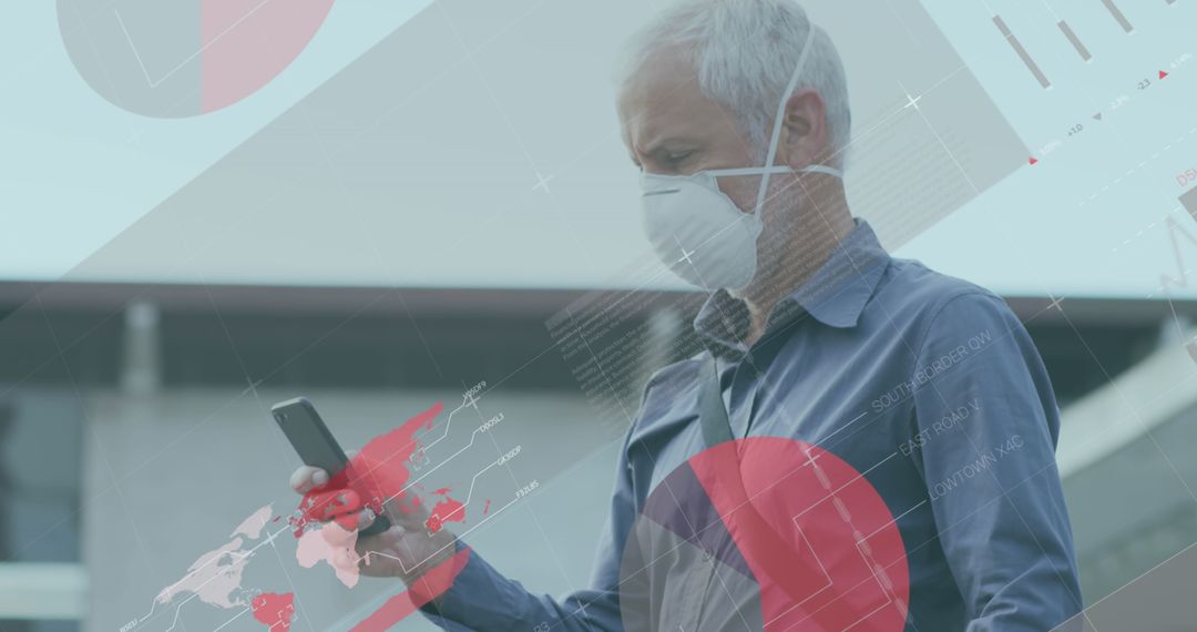Caucasian Man in Mask Using Smartphone with Data Overlay