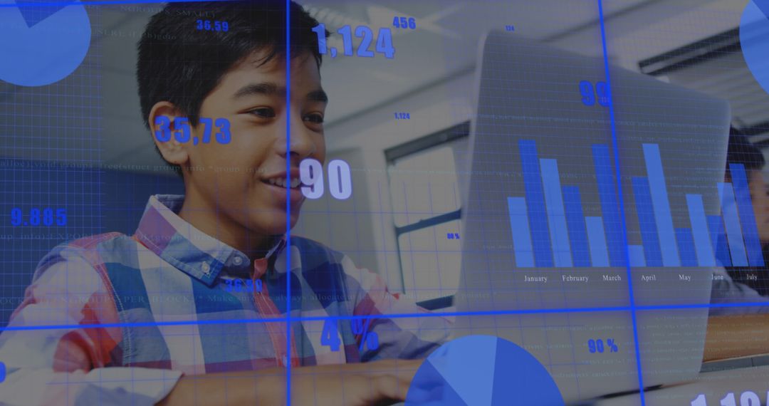 Schoolchildren Engaged in Digital Learning with Chart Interface Overlay