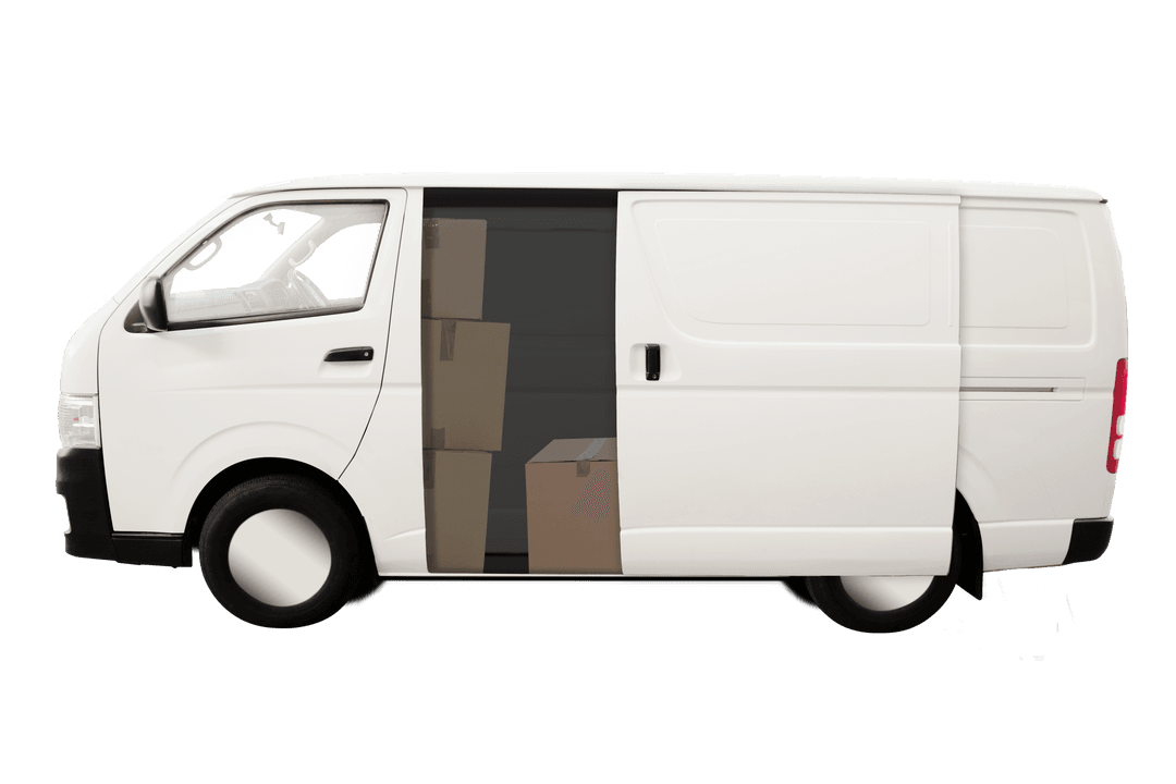 Open White Delivery Van with Boxes on Transparent Background