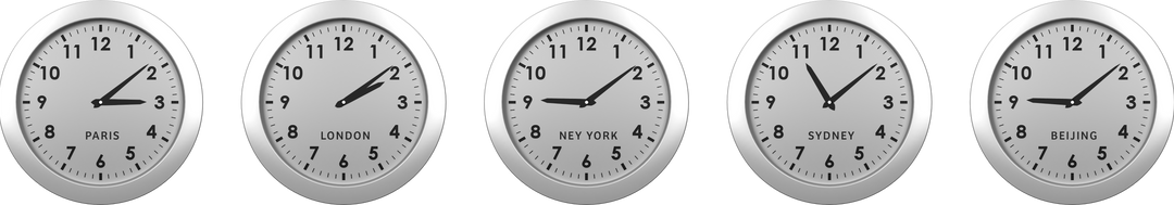 Set of Five Transparent Time Zone Clocks on White Background - Download Free Stock Images Pikwizard.com