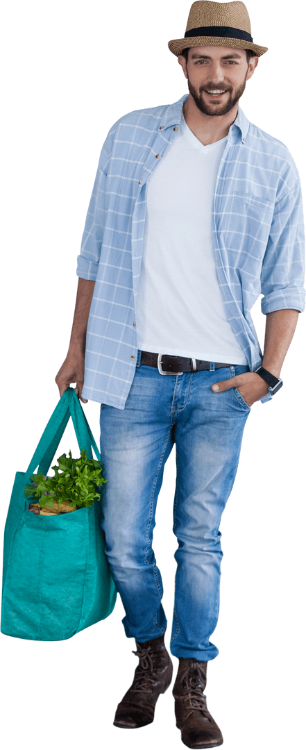 Smiling Man Holding Bag of Vegetables, Casual Attire with Hat Transparent Background