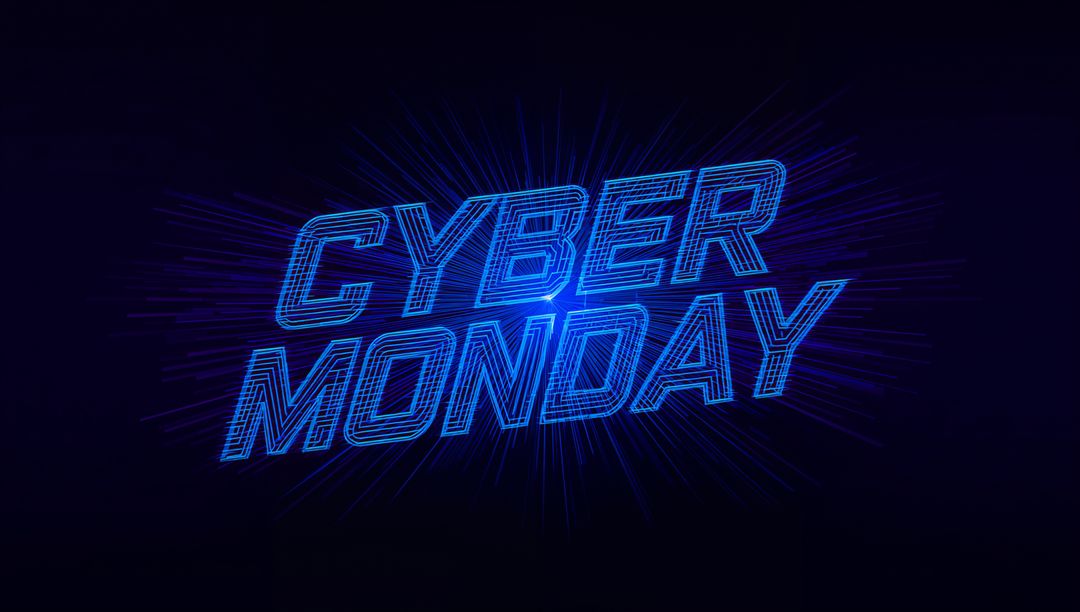 Radiating Cyber Monday Neon Wireframe Headline with Holographic Starburst Light Rays