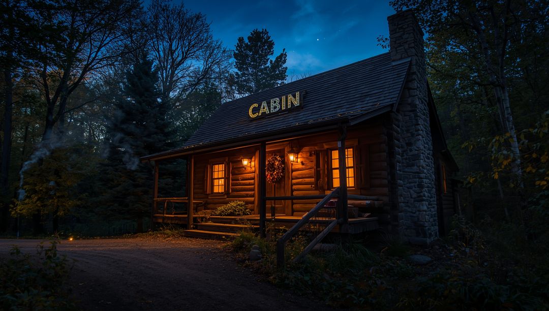 Rustic Log Cabin Illuminated at Night in Serene Forest Setting