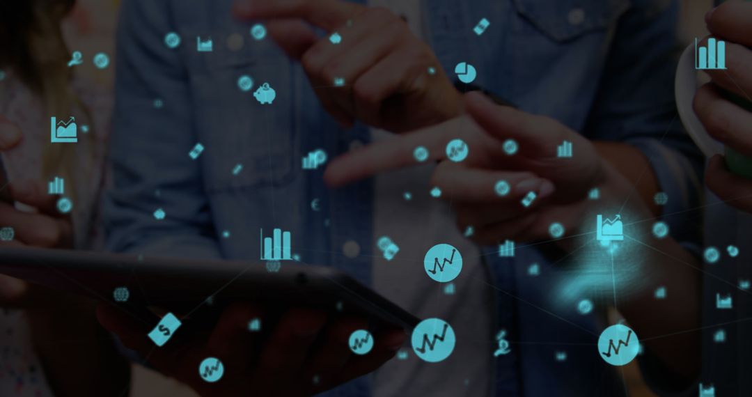 Group of People Using Tablet with Virtual Network Interface