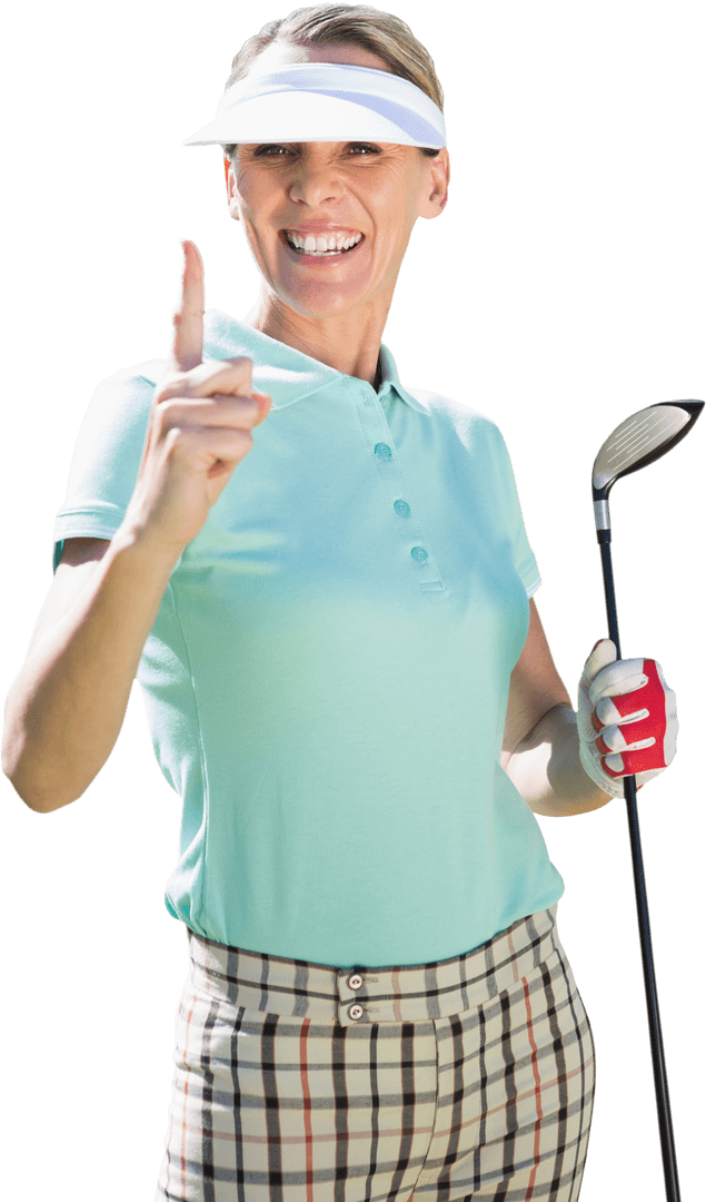Smiling Female Golfer with Visor Pointing Finger Transparent Background