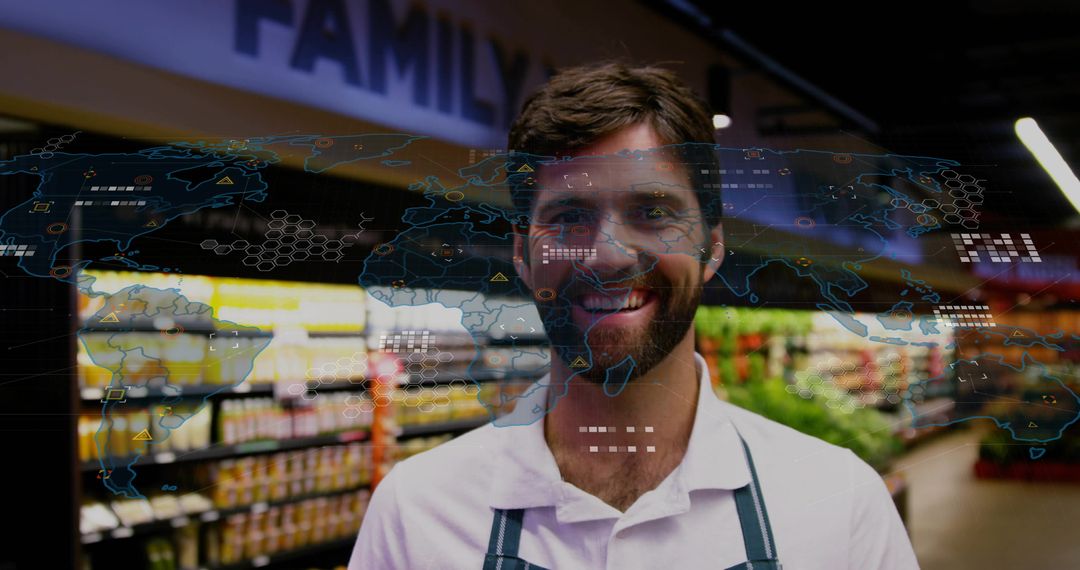 Grocery Worker with World Map and Digital Commerce Symbolism