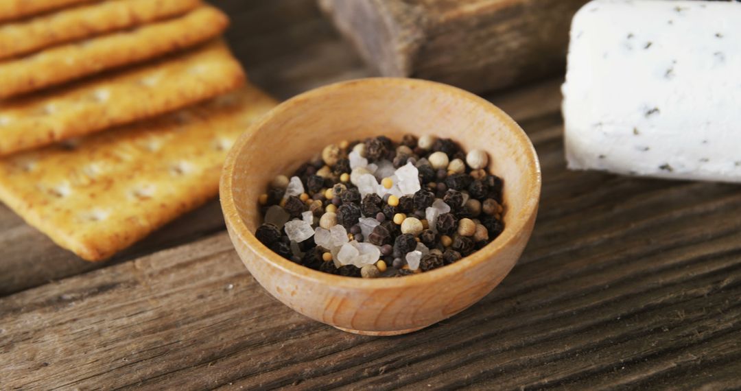 Assorted Peppercorns and Rock Salt in Wooden Bowl on Rustic Table - Free Images, Stock Photos and Pictures on Pikwizard.com