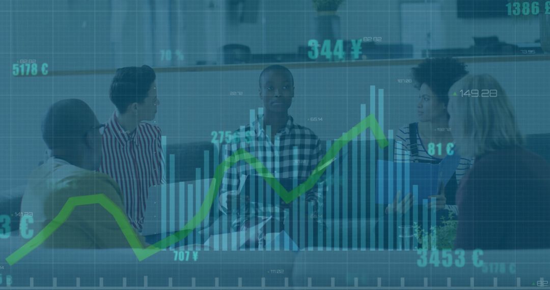 Multiethnic Team with Financial Graph Overlay and Laptops