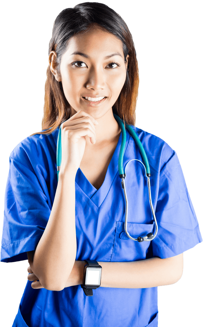 Transparent Asian Nurse Contemplating With Stethoscope and Smartwatch
