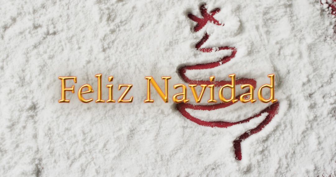Feliz Navidad Text with Christmas Tree in Snowy Background