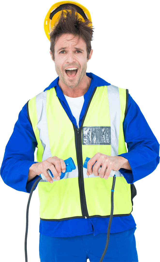 Shocked Electrician Holding Wires in Safety Gear on Transparent Background