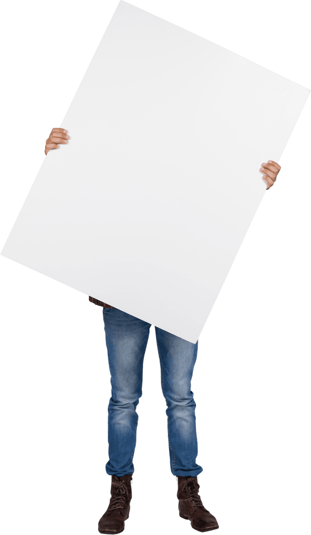 Man in Jeans Holding Large Blank Transparent Signboard