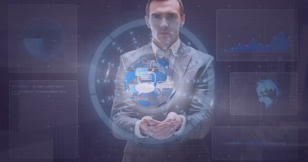 Businessman Interacting with Holographic Data Interfaces