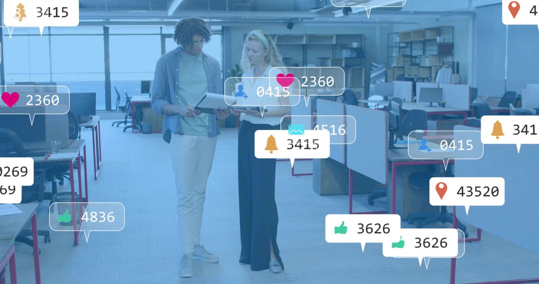 Reviewing Tablet in Open Office with Social Media Notification Overlays, Collaborating Coworkers