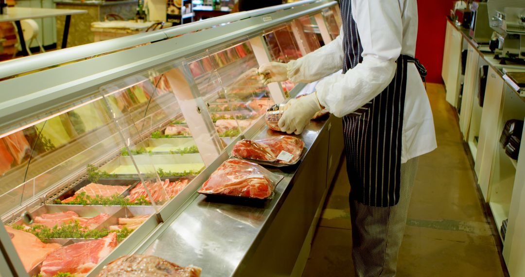 A skilled middle-aged butcher arranges fresh, appealing meat cuts in a grocery display. - Free Images, Stock Photos and Pictures on Pikwizard.com
