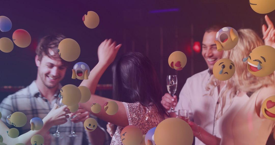 Smiling Emoji Icons Overlaying Diverse Dancing Crowd