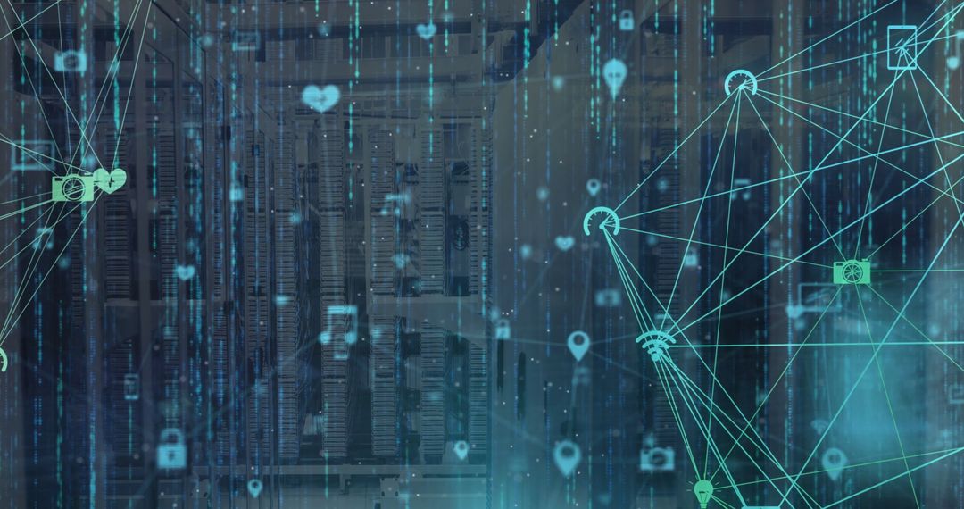 Digital Network Icons and Data Streams in Server Room