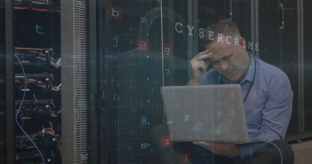 Server Technician Analyzing Data with Digital Overlay in Data Center