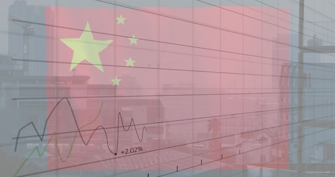 Chinese Flag and Data Overlaying Urban Skyline