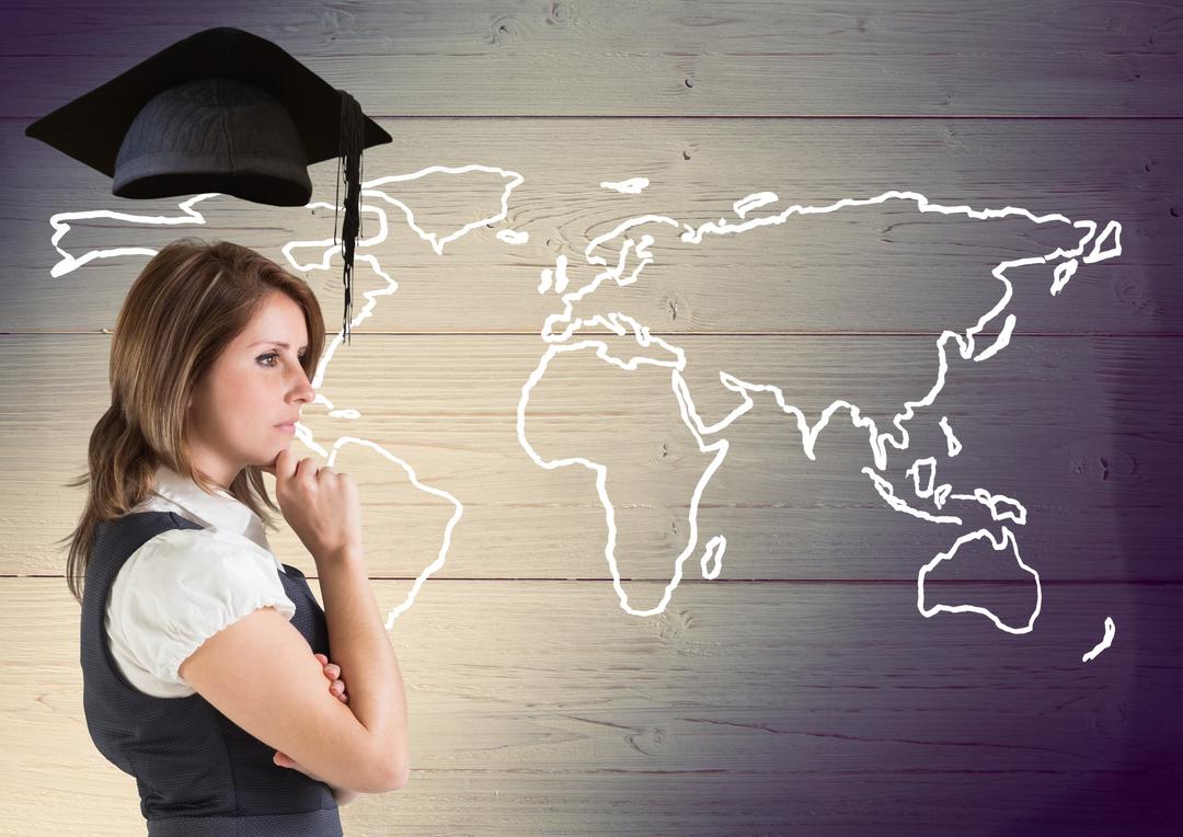 Thoughtful Businesswoman with Graduation Cap Against World Map - Free Images, Stock Photos and Pictures on Pikwizard.com