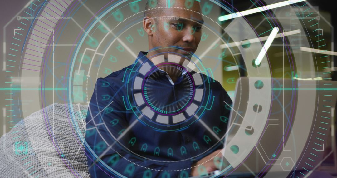 Businessman Engaged with Futuristic Data Interface in Office