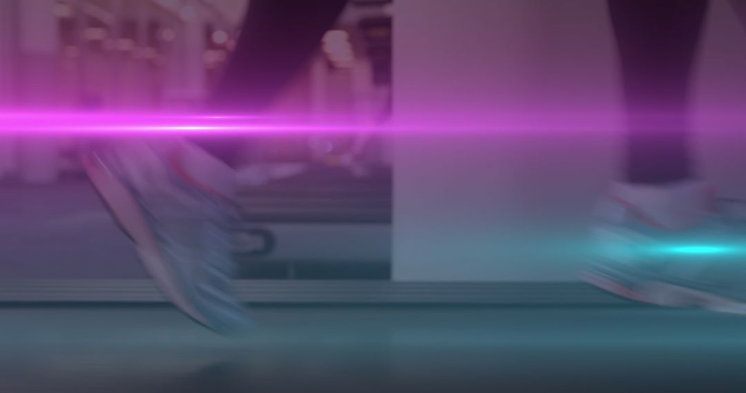 Running on Treadmill with Vibrant Light Effects in Gym