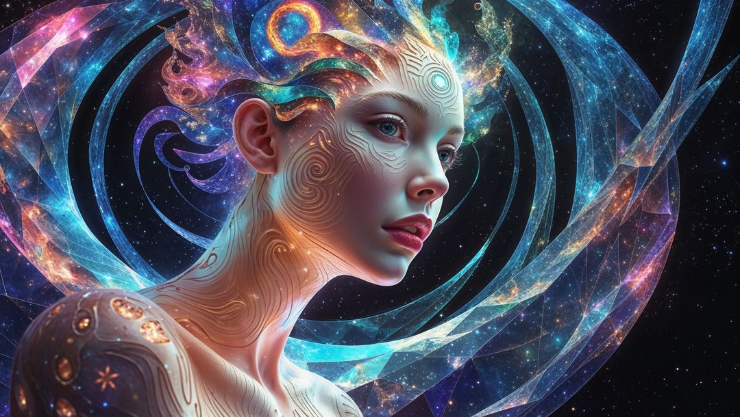 Ethereal venus with cosmic swirling nebula hair
