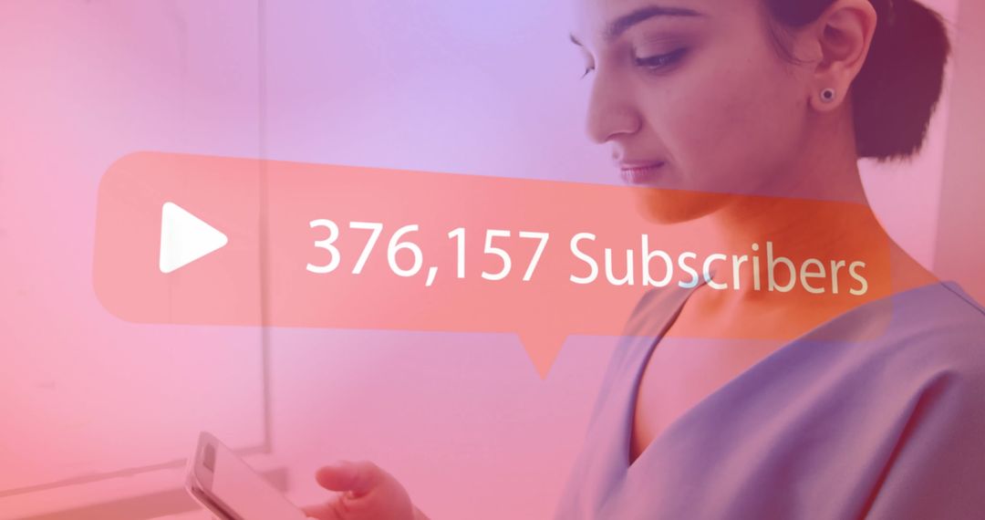 Woman Engaging with Smartphone Subscribing Virtual Followers Concept