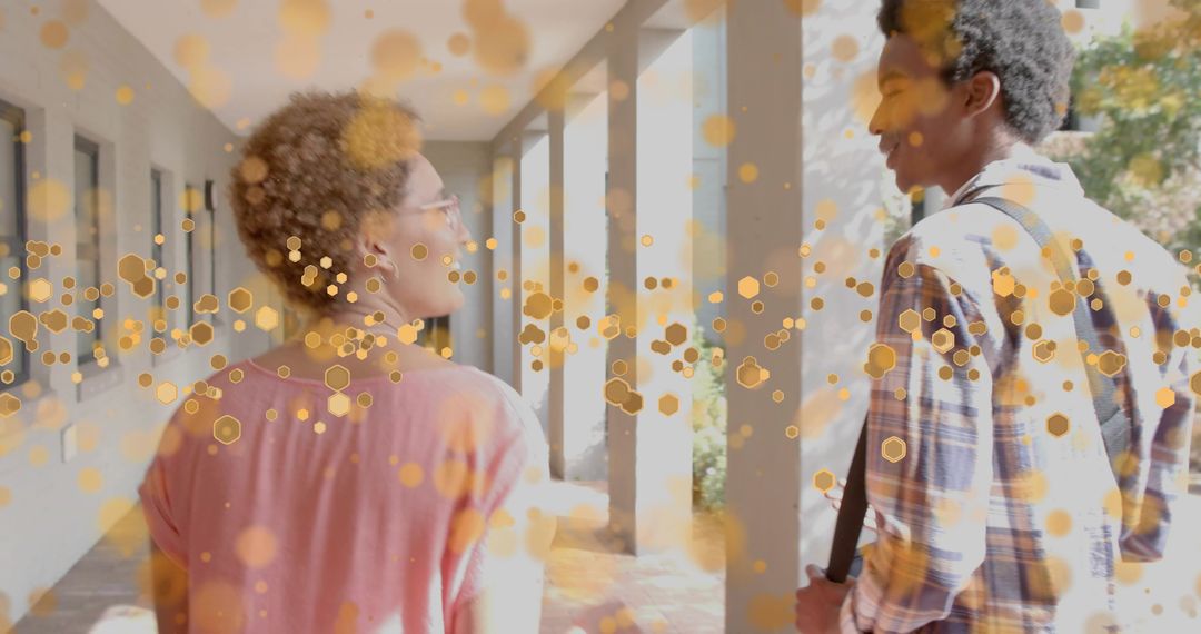 Sunlit Campus Conversation Walking Students under Colonnade with Golden Bokeh Light Effect