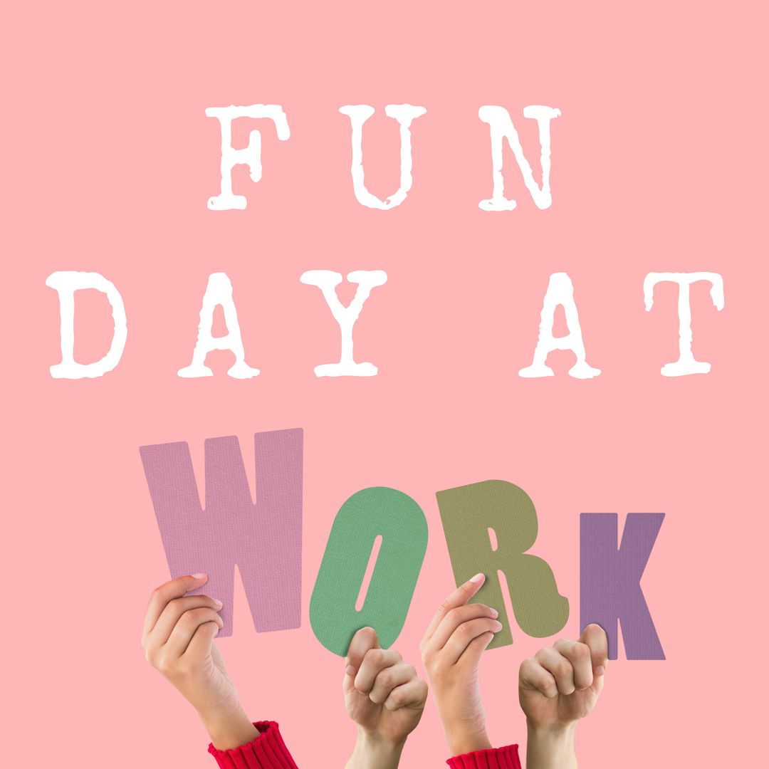 Hands Holding Fun Work Letters on Pink Background