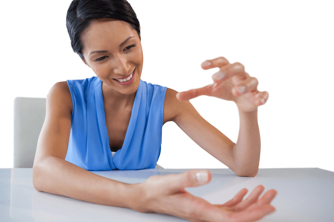 Smiling Young Woman Gesturing Holding Invisible Object Transparent Background