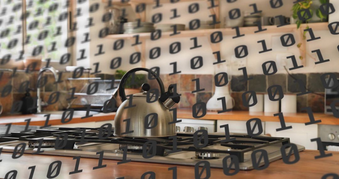 Steaming stainless kettle on gas stove with binary overlay representing smart kitchen IoT