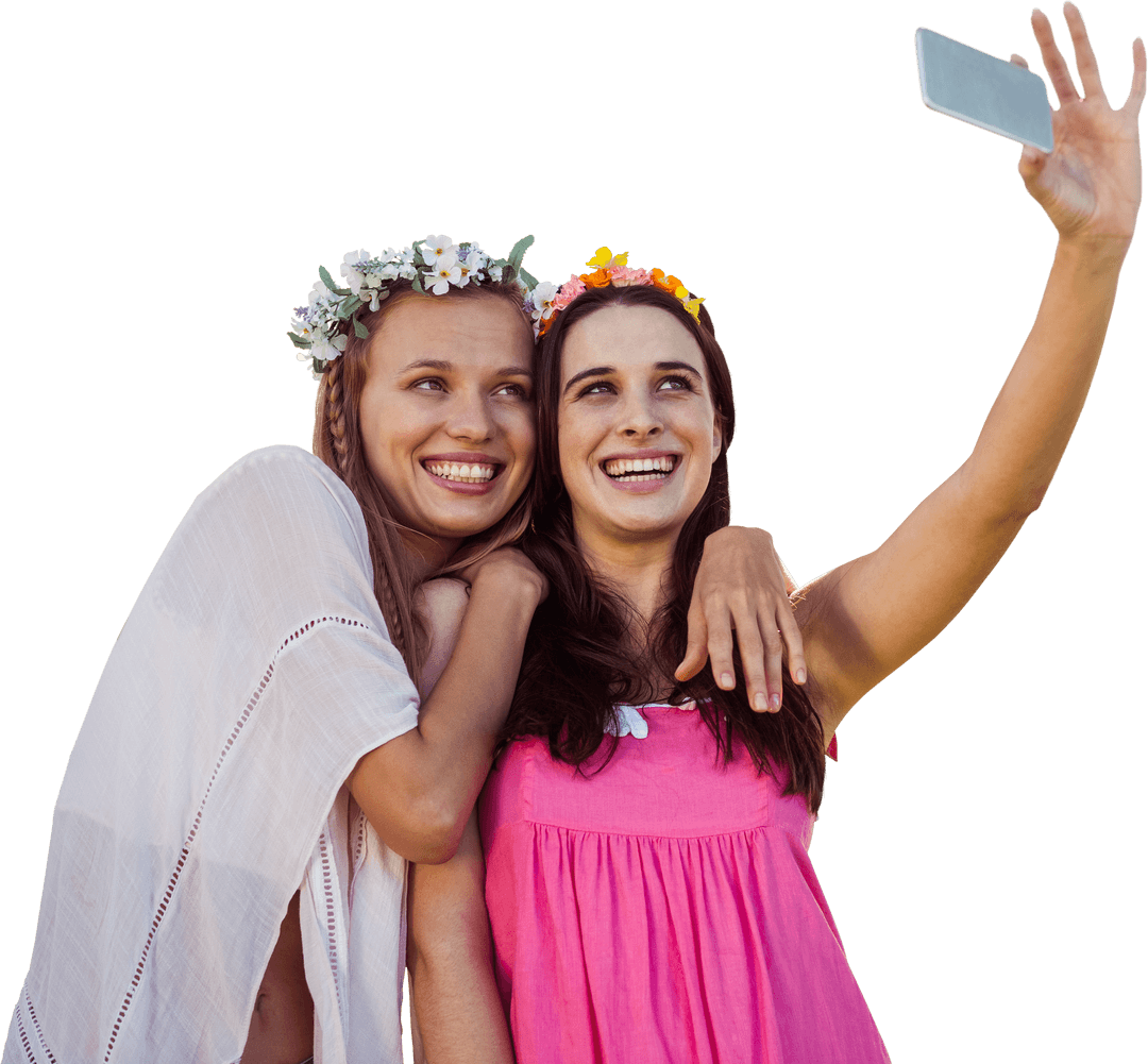 Transparent Background of Two Friends Smiling Taking Selfie with Smartphone