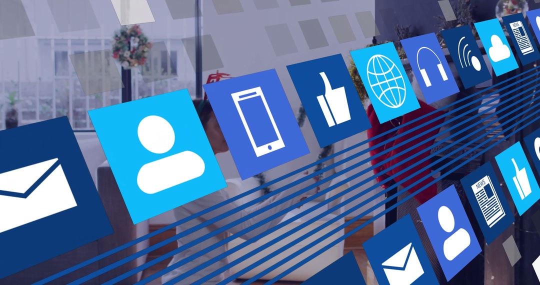 Floating Digital Icons in Corporate Space Blending Tradition and Technology