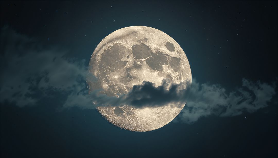 Luminous Moon with Wispy Clouds Illuminating Starry Night Sky