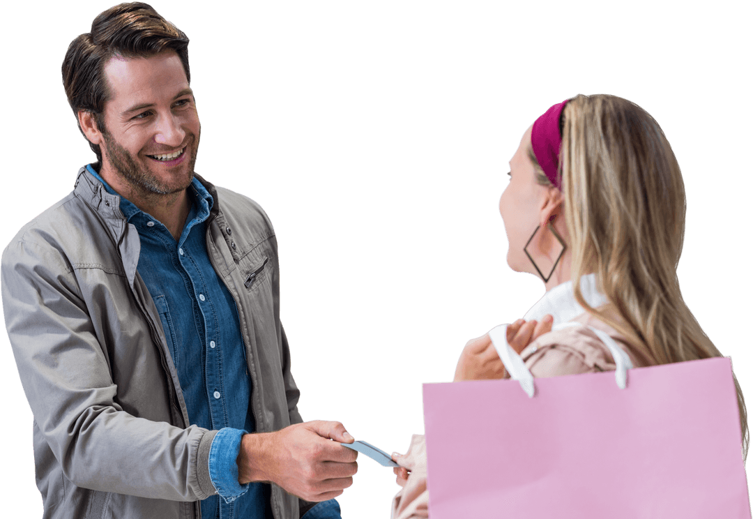 Transparent Smiling Cashier Returning Credit Card to Happy Customer