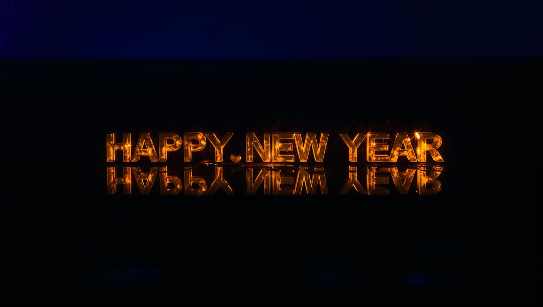 Glowing HAPPY NEW YEAR Metallic Amber Lettering with Mirror Reflection, Sparkle Flares