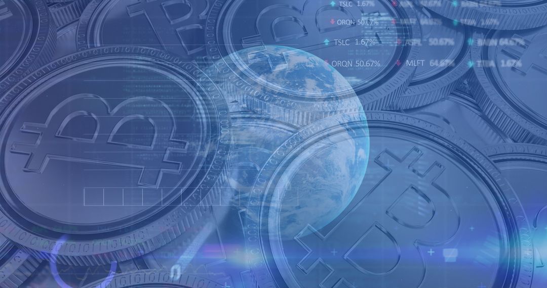 Global Financial Data with Bitcoins and Earth Concept