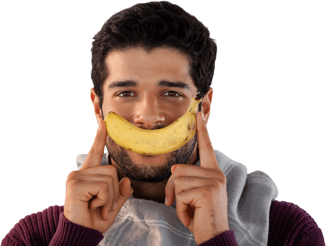 Man Holding Banana with Transparent Background Smiling Gesture