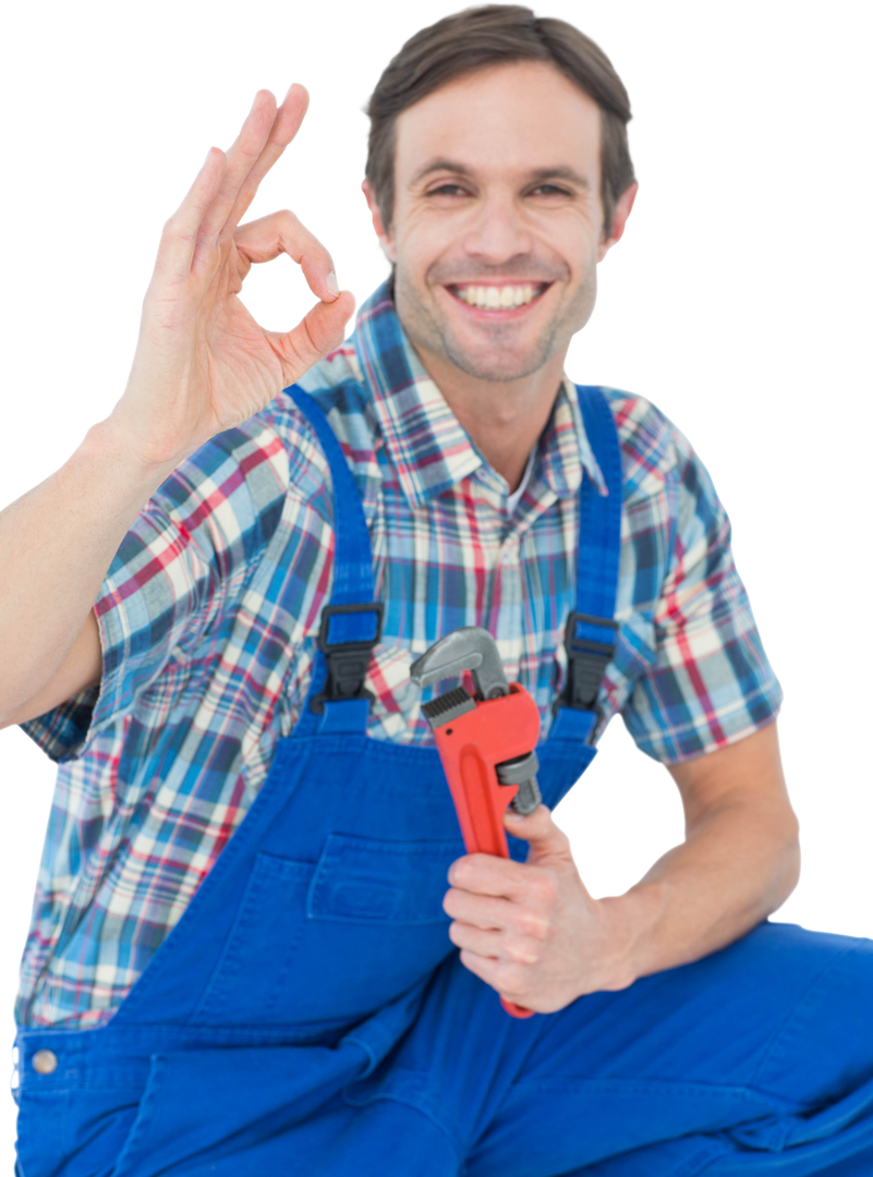 Smiling Plumber with Wrench Showing OK Sign Transparent Background - Download Free Stock Images Pikwizard.com