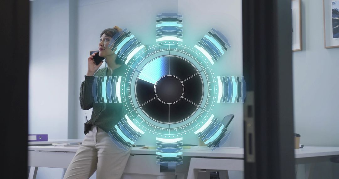 Leaning professional talking on smartphone with holographic futuristic UI in modern office