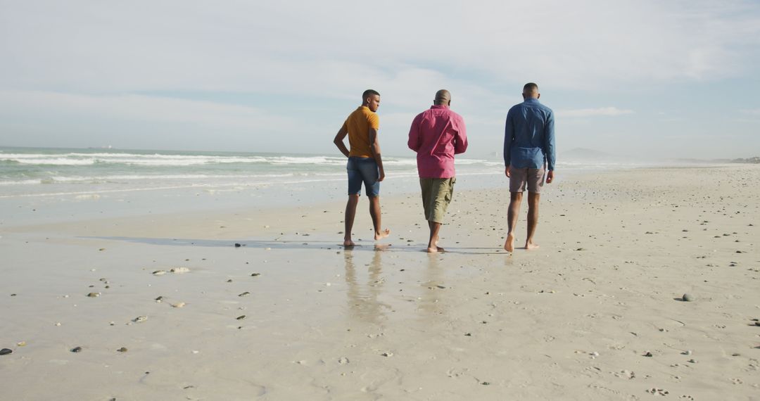 African american senior father and twin teenage sons walking on a beach and talking - Free Images, Stock Photos and Pictures on Pikwizard.com