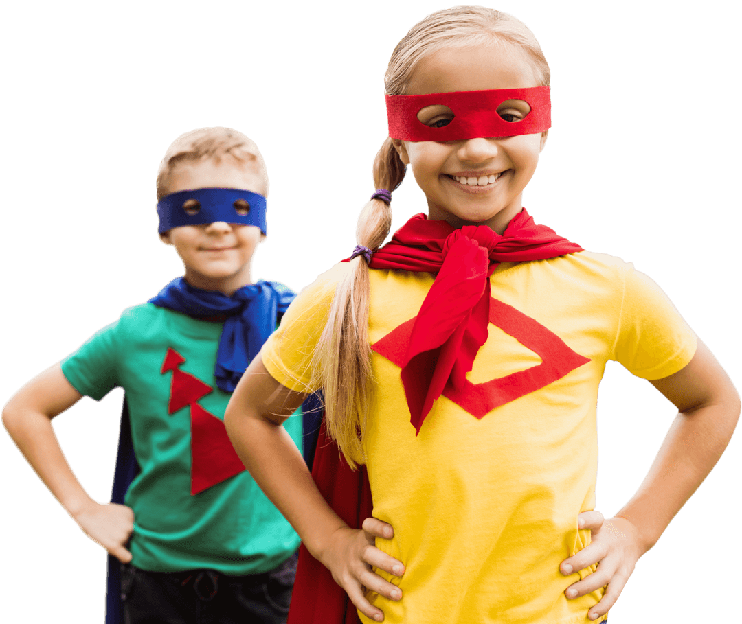 Two Smiling Children Posing in Colorful Superhero Costumes on Transparent Background