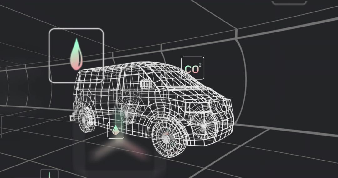 Wireframe Van in Virtual Tunnel with Energies Icons Overlay
