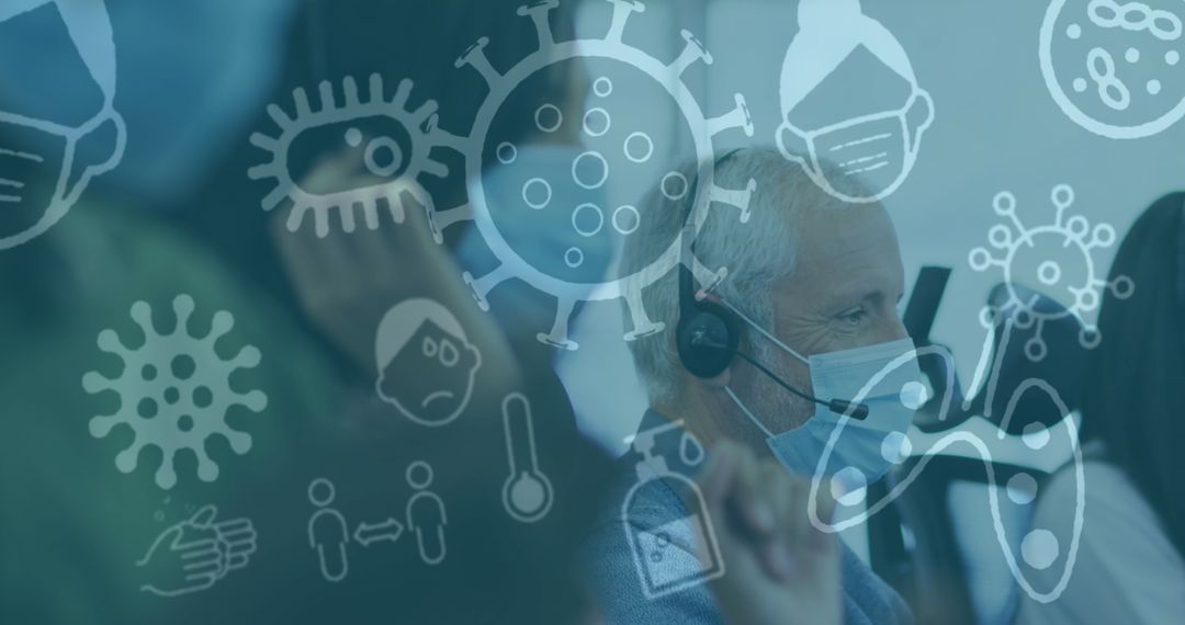 Office Colleagues Wearing Masks with Coronavirus Icons Overlay